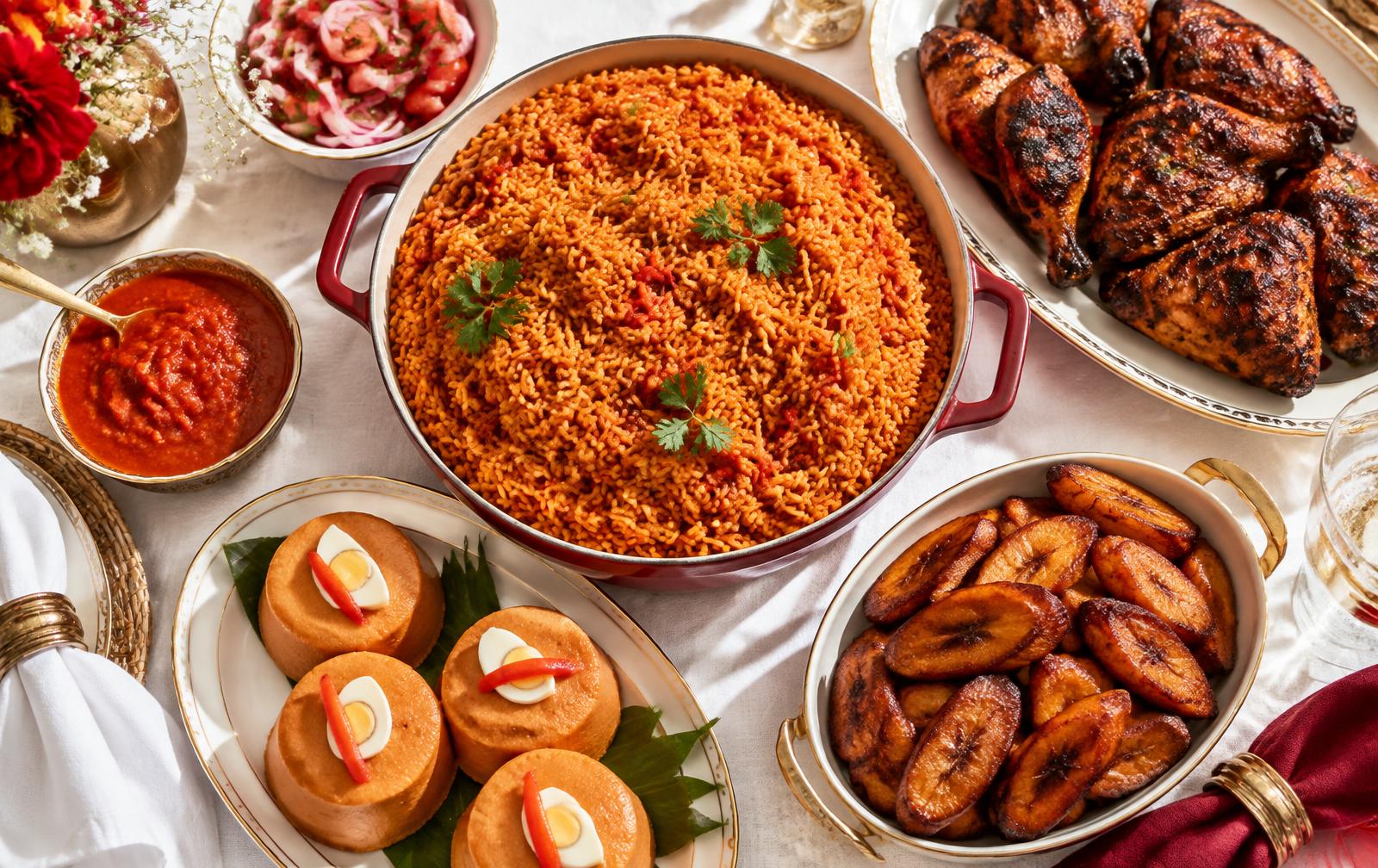 Nigerian jollof rice, grilled chicken, plantain and moi moi